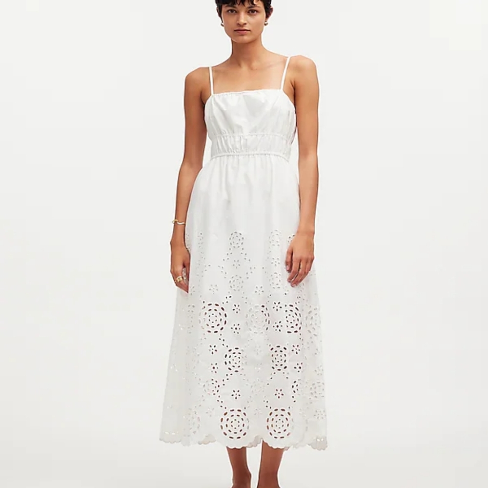 White Eyelet Midi Dress with Spaghetti Straps